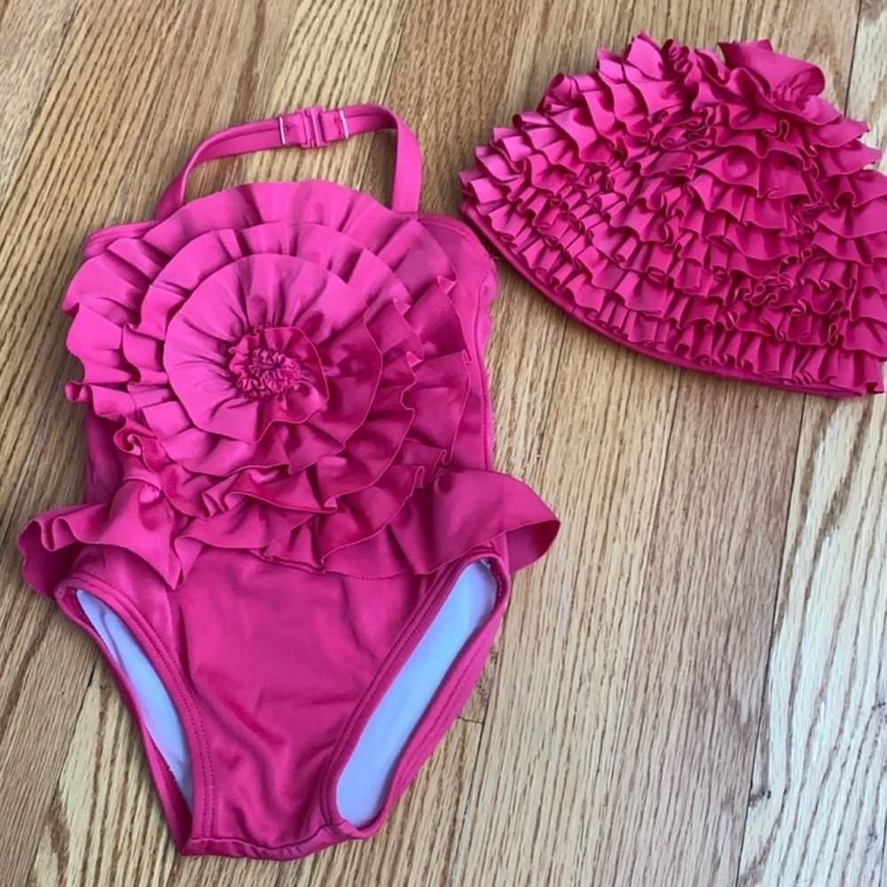 Janie and Jack Hot Pink Rosette Bathing Suit with Matching Swim Cap